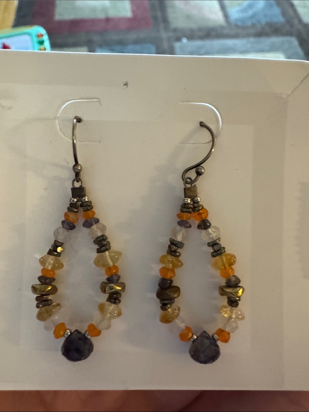 Beaded Teardrop Earrings with Purple and Amber Accents